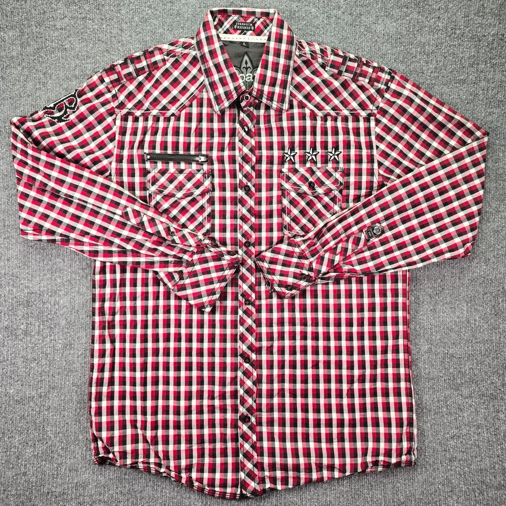 Roar Shirt Mens Large Red Black Plaid Button Up Western Pockets Casual Cotton